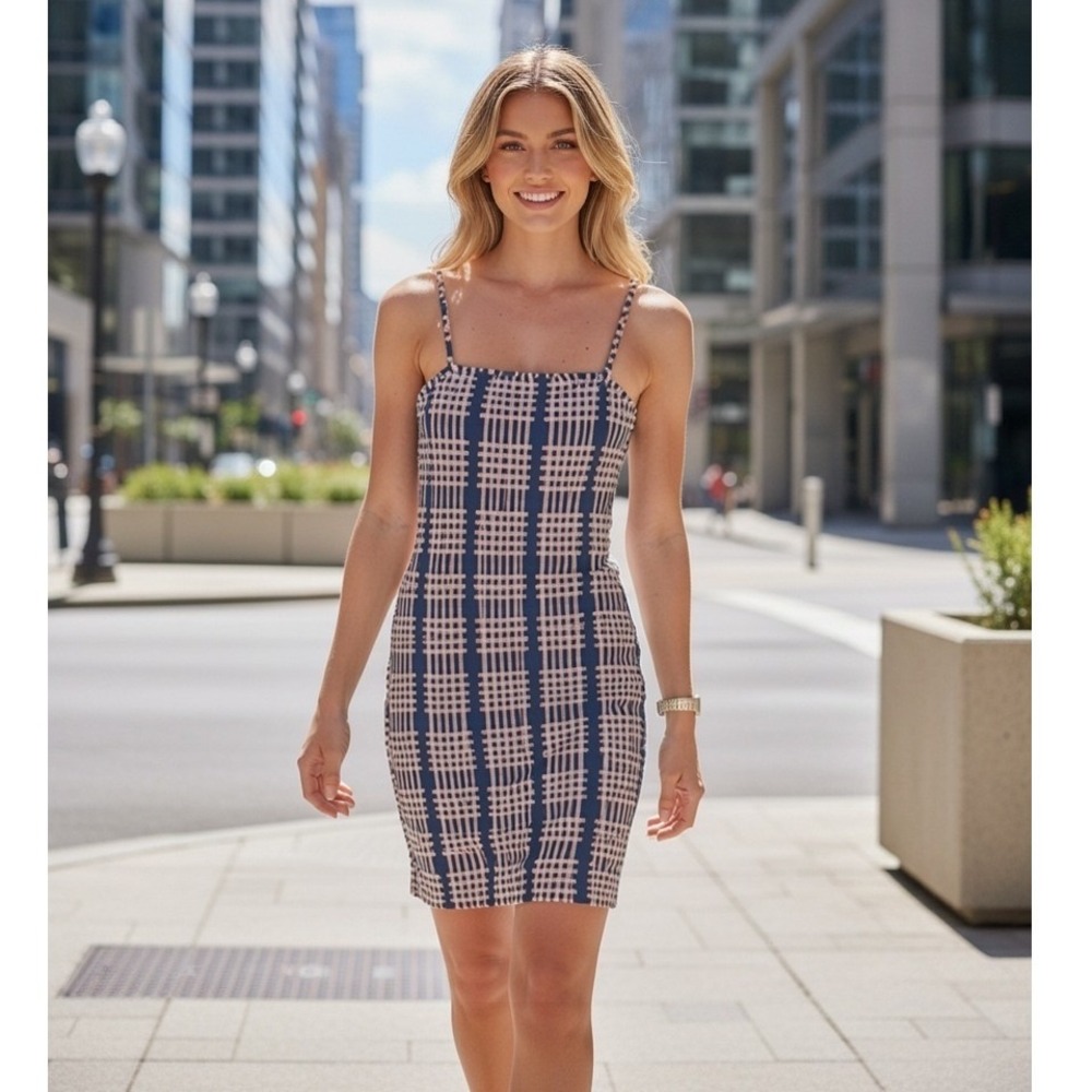SHEIN Plaid Checkered Bodycon Mini Dress Womens S Blue Y2K Acadmiea Streetwear